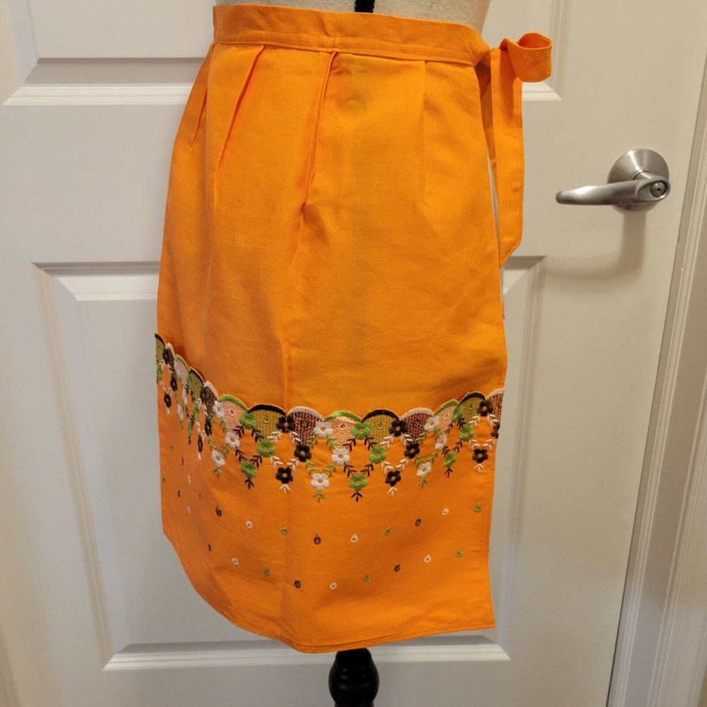 Vintage Jean Bart Orange Linen Floral Cottage Core MCM Embroidered Apron - Picture 3 of 6